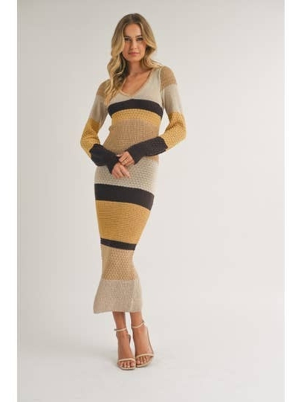 NWT Klesis Striped Open Knit V-Neck Long Sleeve Fitted Sweater Midi Dress Small